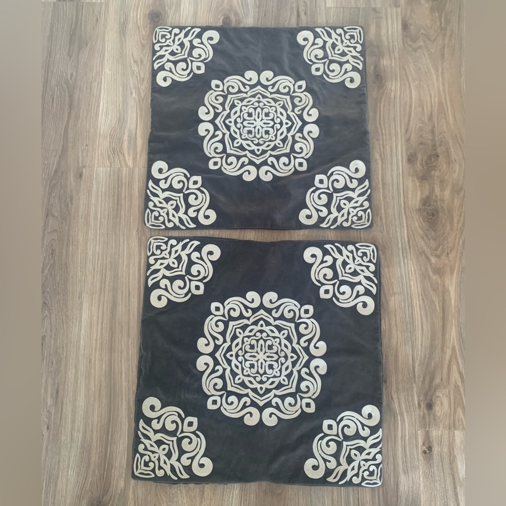 (2) Pottery Barn Velvet Embroidered Medallion Pillow Cover Brown 24"×24"